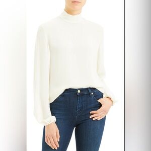 Theory Mock Neck 100% Silk Blouse Top Balloon Sleeves Ivory Size Small MSRP$335